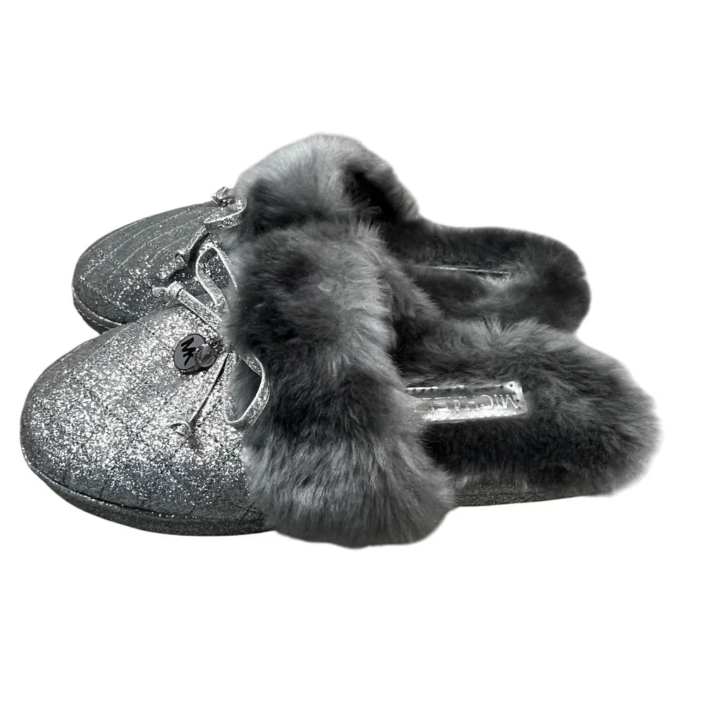 Michael Kors Women's Slippers‎ Gray Glitter Faux Fur Bow Accent Comfy Size 5
